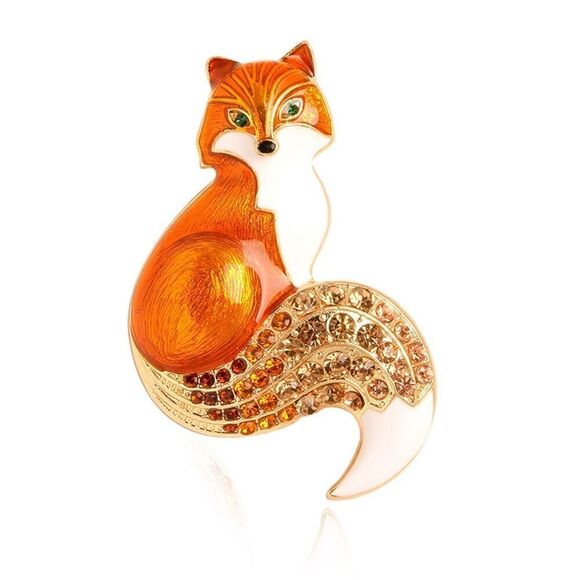 pdxroots Jewelry - Vibrant Orange Small Enamel Fox Brooch with Rhinestone Accents Sparkle New